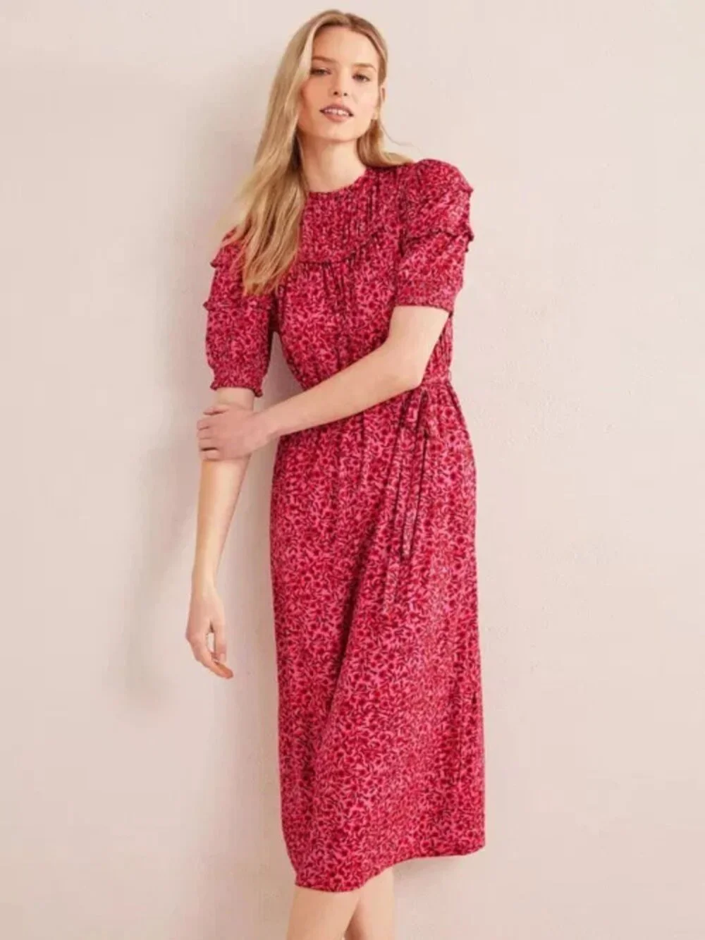 Boden pink floral ruched Yoke Detail Jersey Midi Dress Size 10R 36413 - Picture 3 of 14